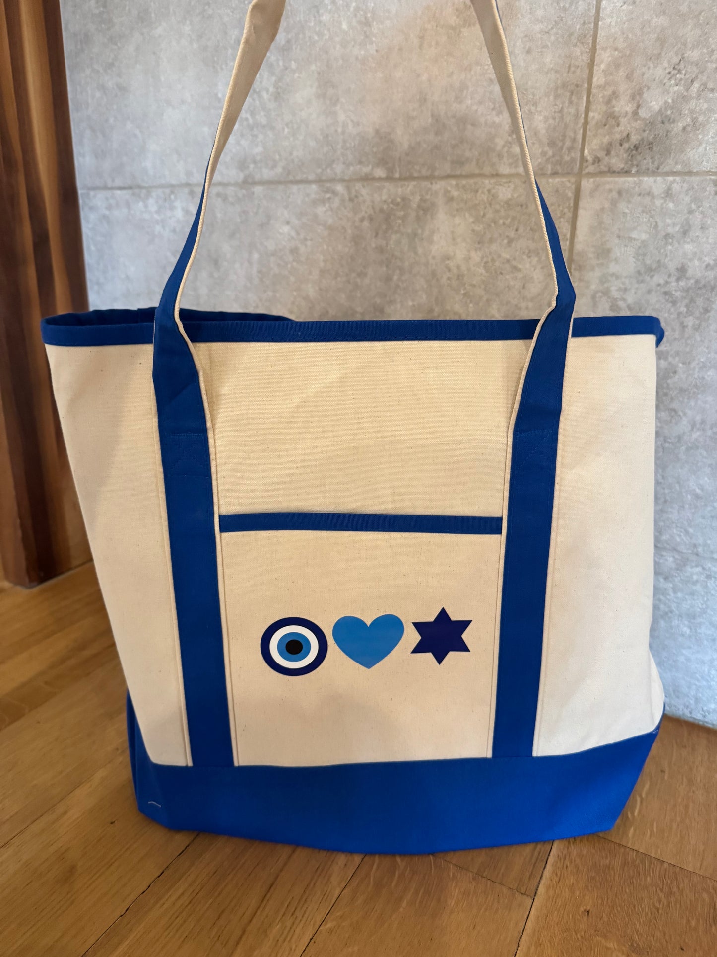 Eye Heart Star Canvas Bag- white with blue bottom